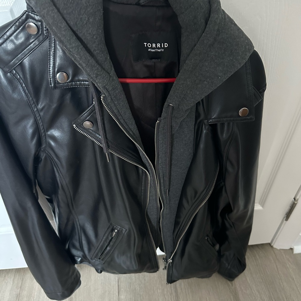 Torrid Black Faux Leather Bomber Jacket with Hood